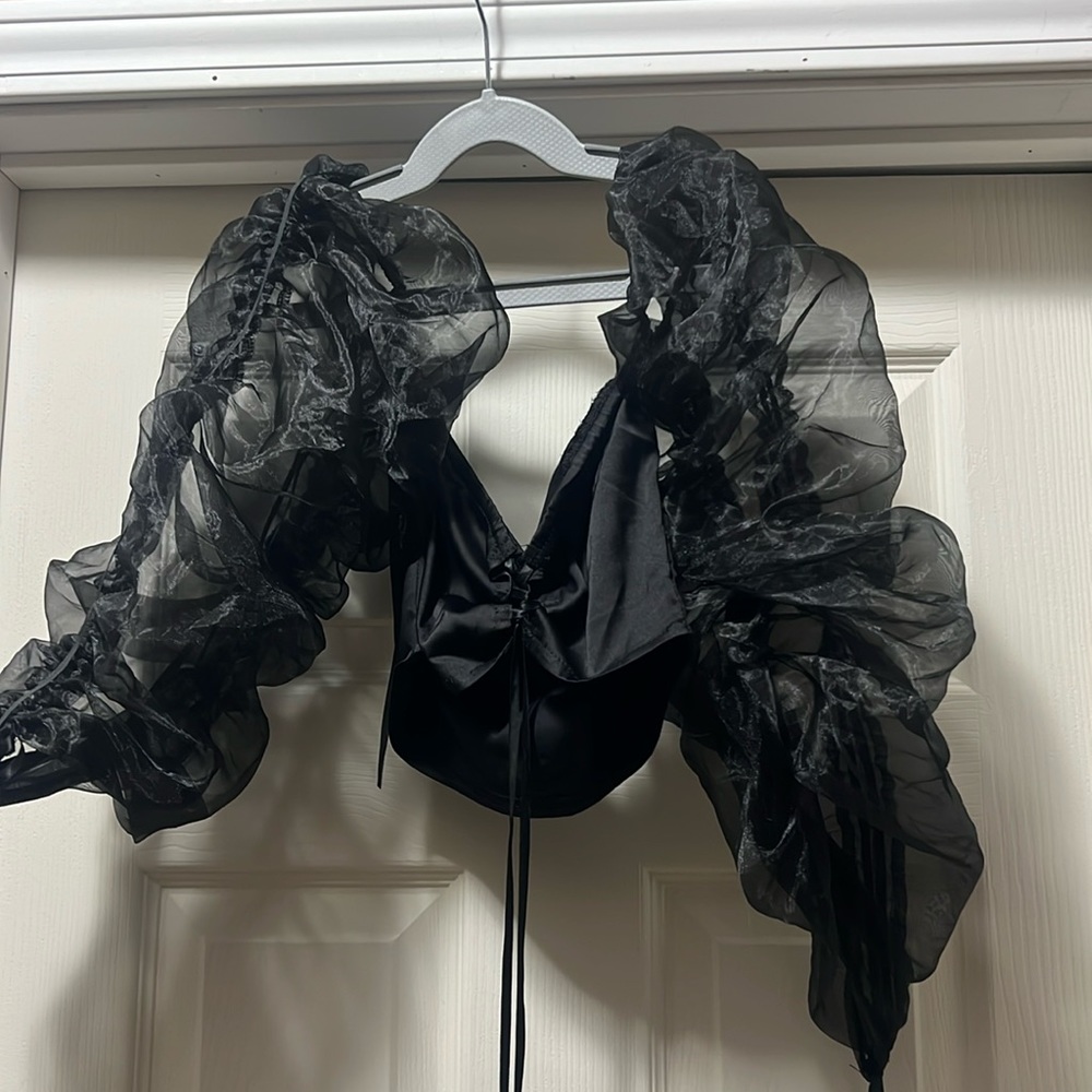 Black crop top with scrunch sheer long sleeves